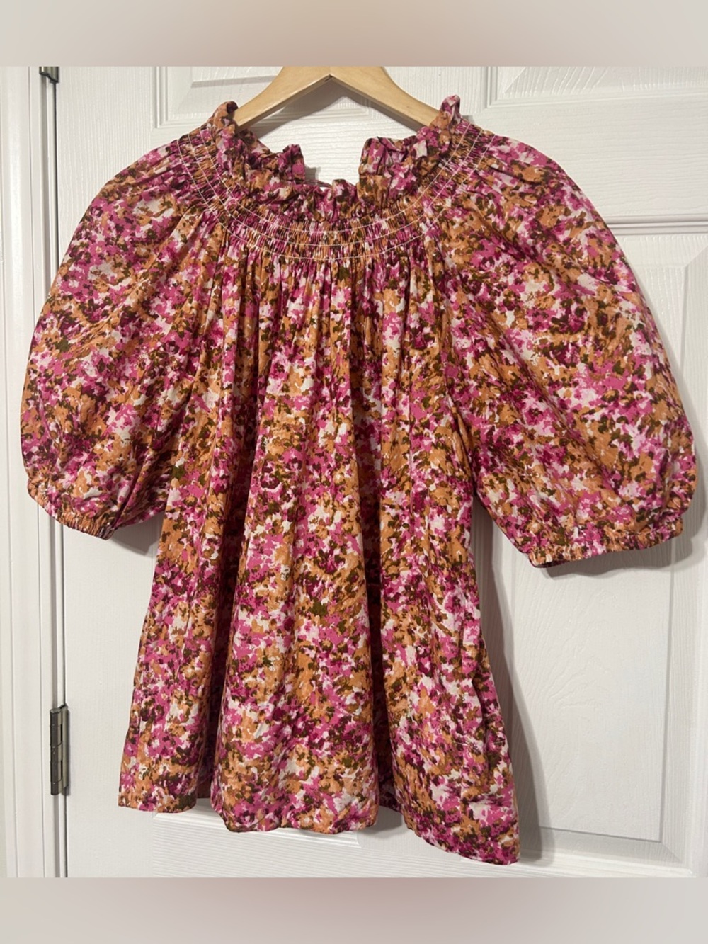 J.Crew Women’s Smocked Puff Sleeve Top Pink Brown Cotton Size M